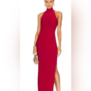 Red Norma Kamala Halter Turtleneck Side Slit Gown Size Small